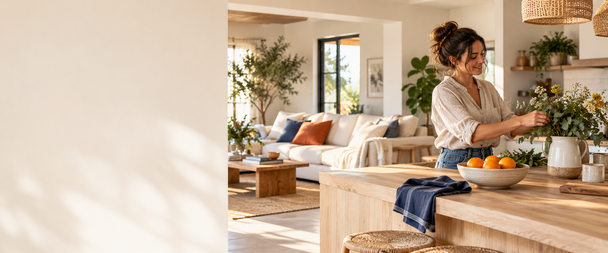 Un hogar luminoso con cocina y salón, en tonos naturales, azul y naranja.